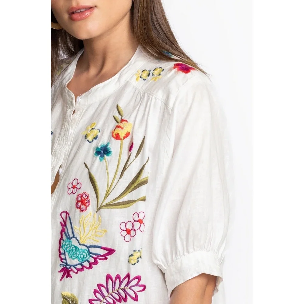 Johnny Was XL Jessi Shirred Yoke Blouse White Linen Embroidered Button Up Top - Picture 3 of 14